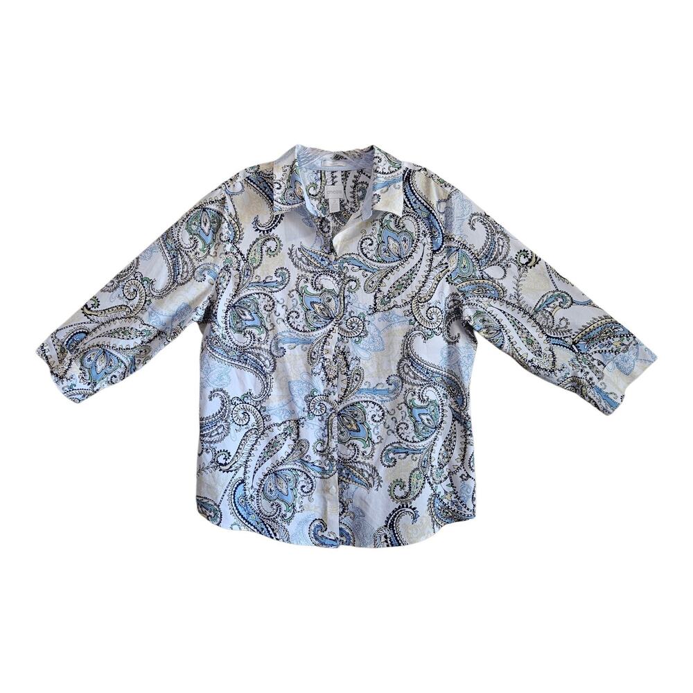 CHICO'S 2 Women's 12 14 Blouse Button Up Paisley 3/4 Sleeve No Iron Cotton 42"